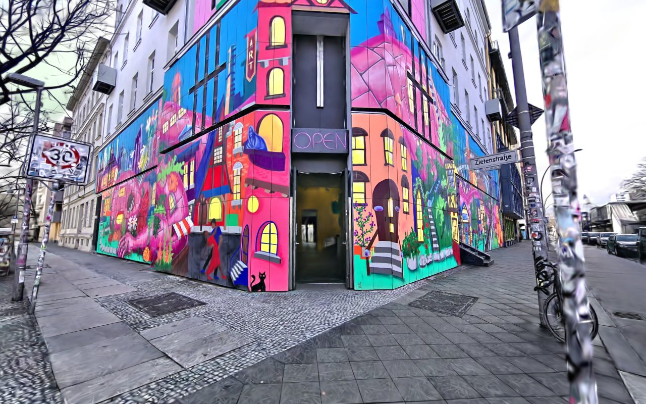 Farbenfroße Außenansicht des URBAN NATION Museums im virtuellen Rundgang